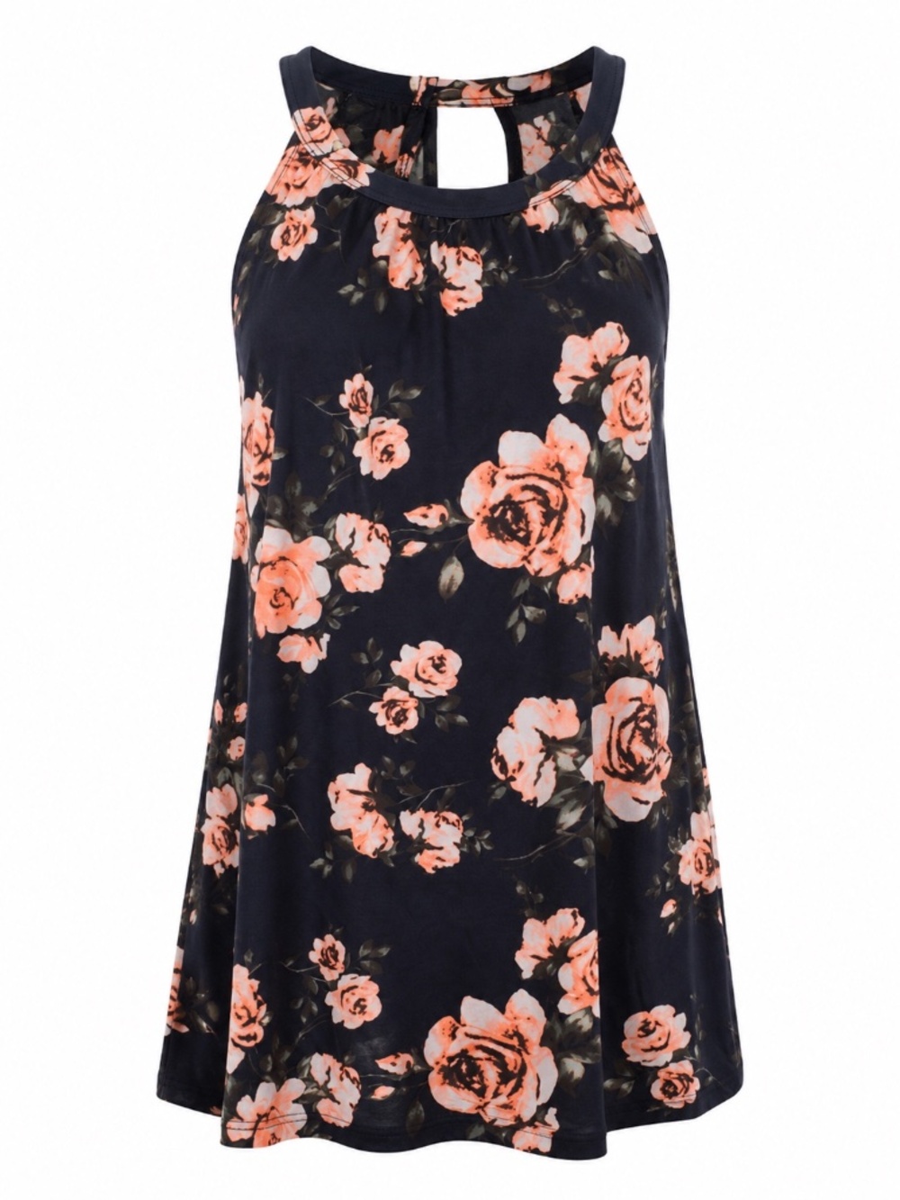 Free Kisses Floral Halter Tank Top Small Navy Pink Rose Print